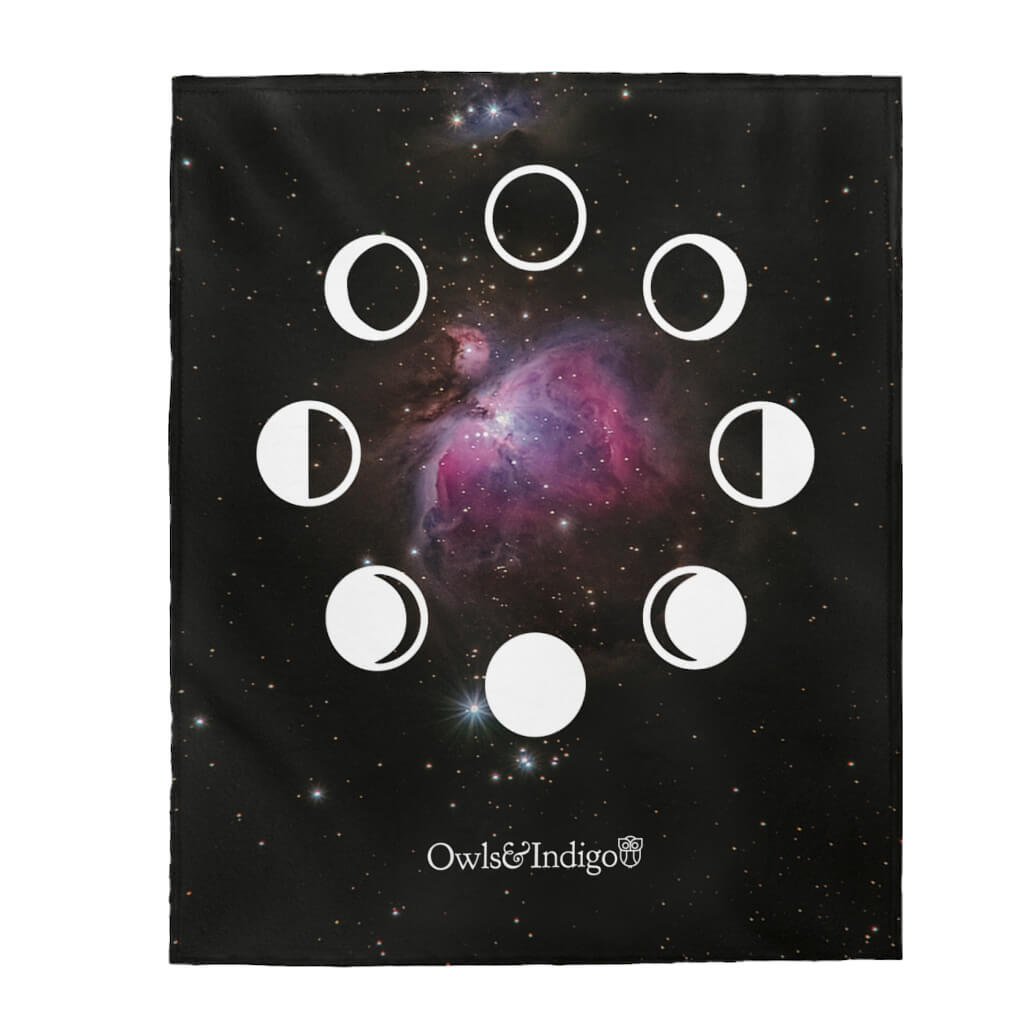 Pink Nebula Galaxy & Stars Moon Phase Velveteen Plush Blanket